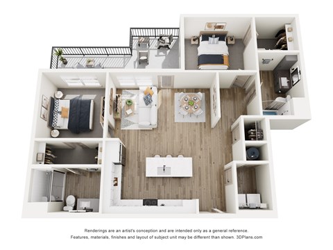 A 3D floor plan of a small apartment with a kitchen, living room, and bedroom.